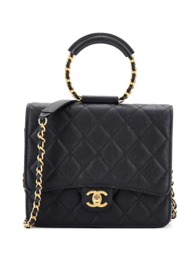 Pre-owned Chanel In The Loop Square Wallet On Chain Quilted Caviar Crossbody Bag In Black