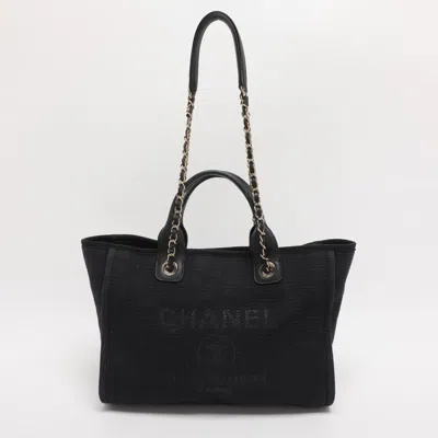 Pre-owned Chanel Indigo Canvas And Leather Small Deauville Shopper Tote In Blue