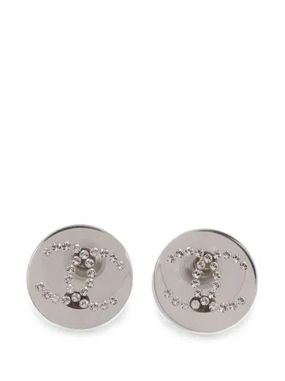 Pre-owned Chanel Interlocking Cc Crystal-embellished Earrings In Silver