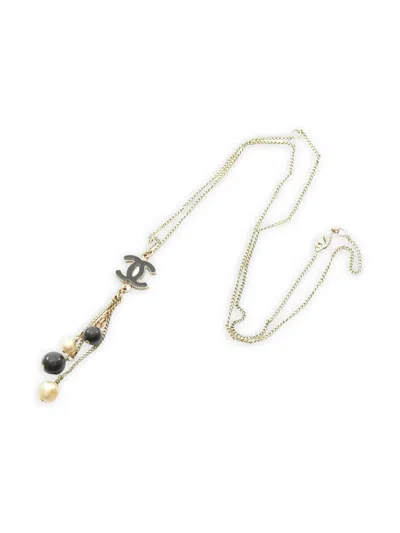 Pre-owned Chanel Interlocking Cc Faux-pearl Necklace In Gold