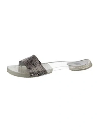 Pre-owned Chanel Interlocking Cc Logo Acrylic Slides In Metallic/silver