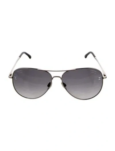 Pre-owned Chanel Interlocking Cc Logo Aviator Sunglasses In Silver