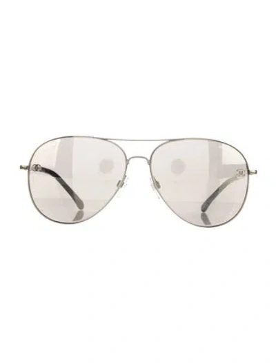 Pre-owned Chanel Interlocking Cc Logo Aviator Sunglasses In Silver