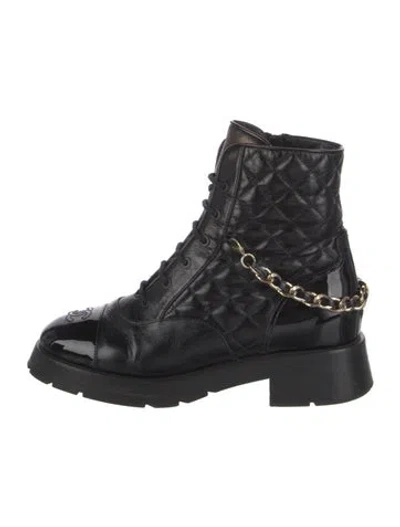 Pre-owned Chanel Interlocking Cc Logo Calfskin Combat Boots In Black