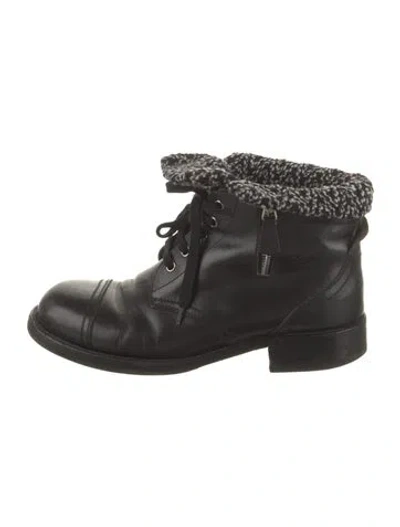 Pre-owned Chanel Interlocking Cc Logo Calfskin Lace-up Boots In Black