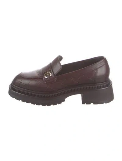 Pre-owned Chanel Interlocking Cc Logo Calfskin Loafers In Burgundy