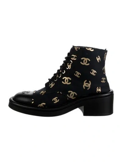 Pre-owned Chanel Interlocking Cc Logo Canvas Lace-up Boots In Black/gold