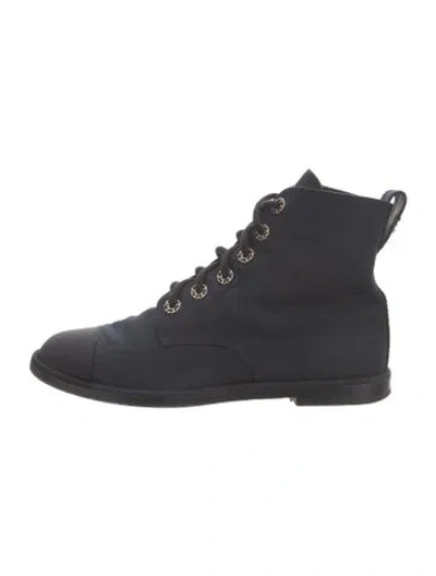 Pre-owned Chanel Interlocking Cc Logo Canvas Lace-up Boots In Blue