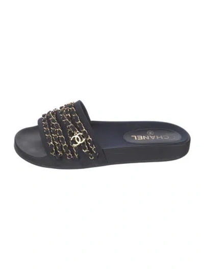 Pre-owned Chanel Interlocking Cc Logo Canvas Slides In Blue