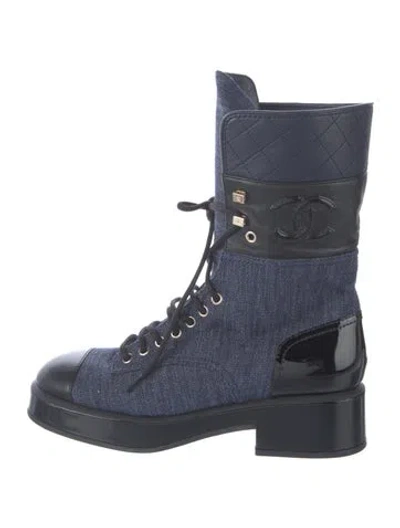 Pre-owned Chanel Interlocking Cc Logo Denim Combat Boots In Blue