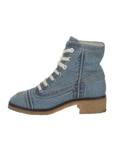Pre-owned Chanel Interlocking Cc Logo Denim Combat Boots In Blue