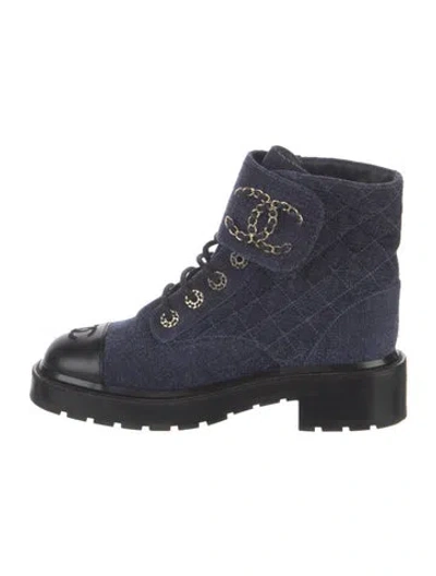 Pre-owned Chanel Interlocking Cc Logo Denim Combat Boots In Blue