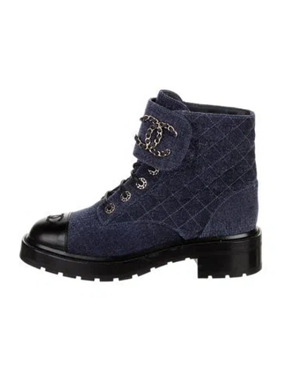 Pre-owned Chanel Interlocking Cc Logo Denim Combat Boots In Blue