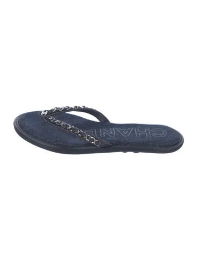 Pre-owned Chanel Interlocking Cc Logo Denim Flip Flops In Blue