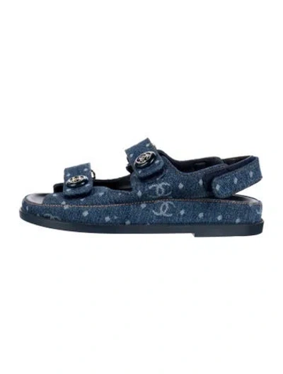 Pre-owned Chanel Interlocking Cc Logo Denim Sandals In Blue