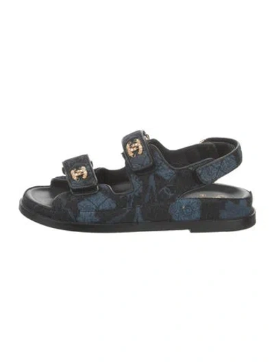 Pre-owned Chanel Interlocking Cc Logo Denim Slides In Blue