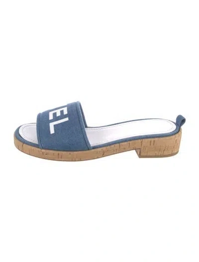 Pre-owned Chanel Interlocking Cc Logo Denim Slides In Blue