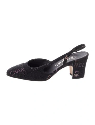 Pre-owned Chanel Interlocking Cc Logo Denim Slingback Pumps In Black