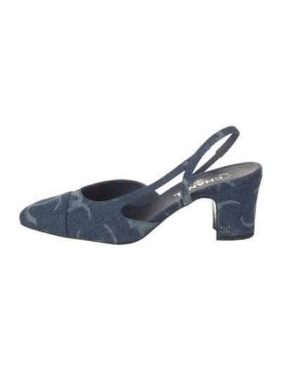 Pre-owned Chanel Interlocking Cc Logo Denim Slingback Pumps In Blue