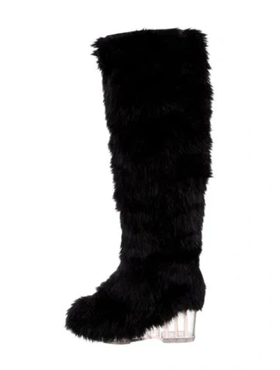 Pre-owned Chanel Interlocking Cc Logo Faux Fur Lace-up Boots In Black