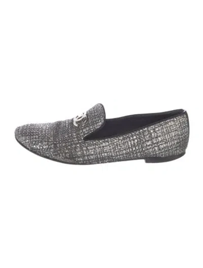 Pre-owned Chanel Interlocking Cc Logo Glitter Loafers In Silver