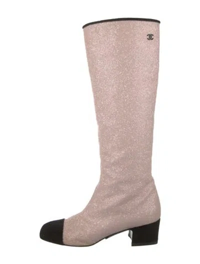 Pre-owned Chanel Interlocking Cc Logo Glitter Riding Boots In Pink