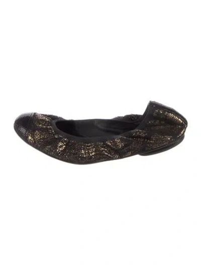 Pre-owned Chanel Interlocking Cc Logo Lace Trim Embellishment Ballet Flats In Black/gold/metallic