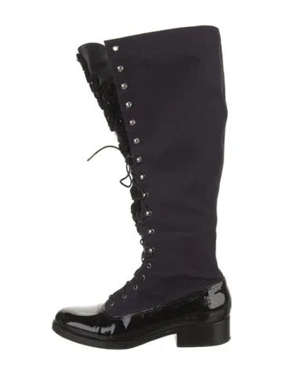 Pre-owned Chanel Interlocking Cc Logo Lace-up Boots In Blue