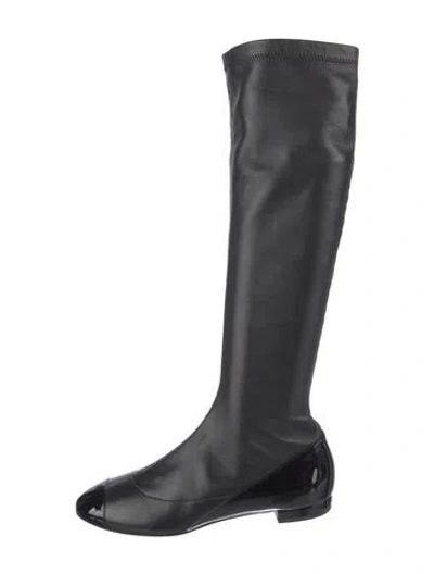 Pre-owned Chanel Interlocking Cc Logo Lambskin Riding Boots In Black