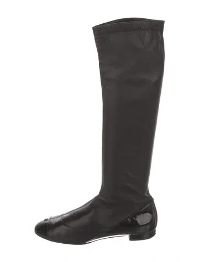 Pre-owned Chanel Interlocking Cc Logo Lambskin Riding Boots In Black