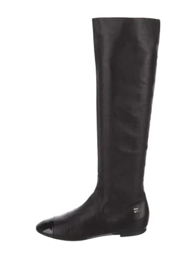Pre-owned Chanel Interlocking Cc Logo Lambskin Riding Boots In Black