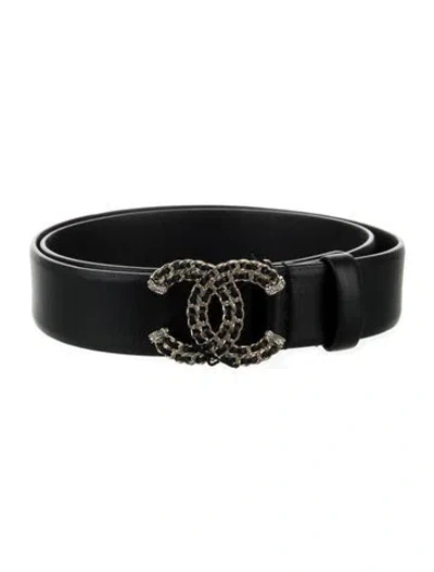 Pre-owned Chanel Interlocking Cc Logo Leather Belt W/ Tags In Black