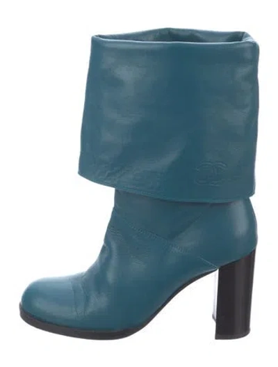 Pre-owned Chanel Interlocking Cc Logo Leather Boots In Blue