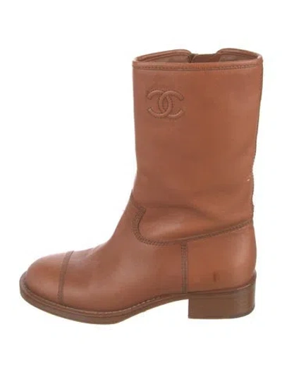 Pre-owned Chanel Interlocking Cc Logo Leather Boots In Brown