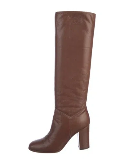 Pre-owned Chanel Interlocking Cc Logo Leather Boots In Brown