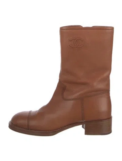 Pre-owned Chanel Interlocking Cc Logo Leather Boots In Brown