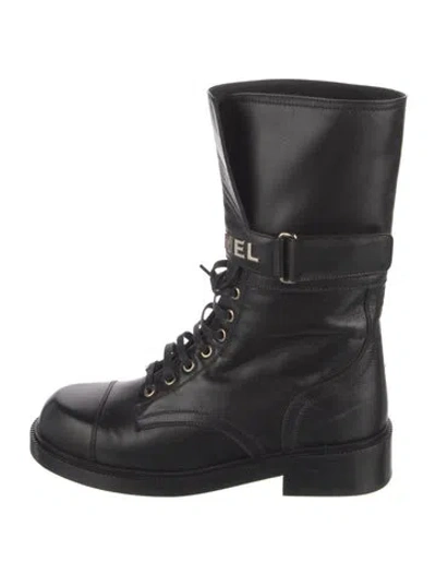 Pre-owned Chanel Interlocking Cc Logo Leather Combat Boots In Black