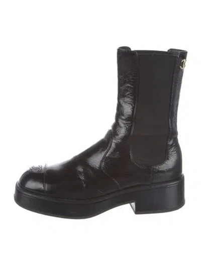 Pre-owned Chanel Interlocking Cc Logo Leather Combat Boots In Black