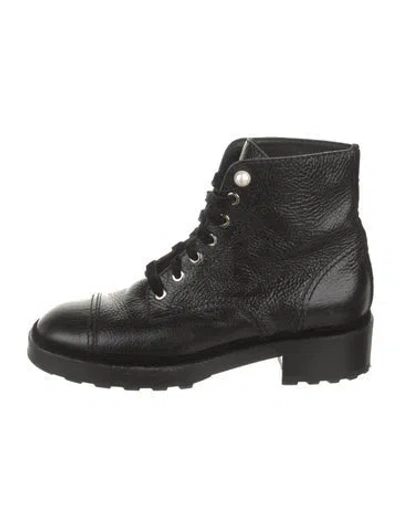 Pre-owned Chanel Interlocking Cc Logo Leather Combat Boots In Black