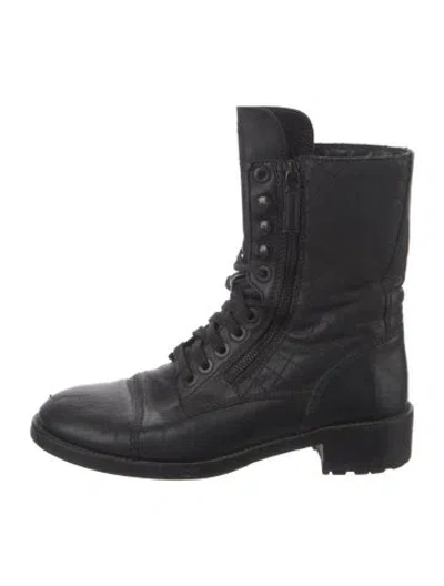 Pre-owned Chanel Interlocking Cc Logo Leather Combat Boots In Black