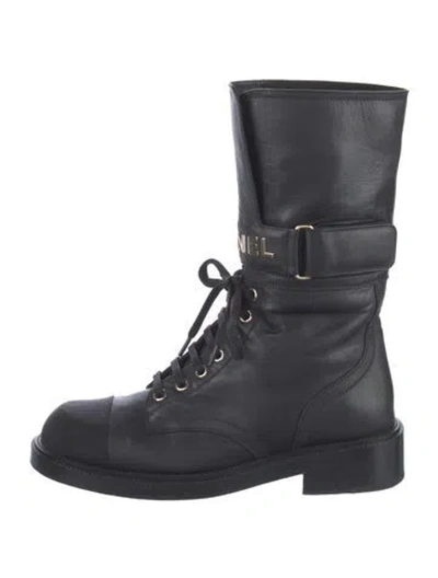 Pre-owned Chanel Interlocking Cc Logo Leather Combat Boots In Black
