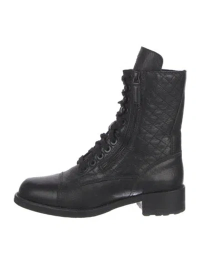 Pre-owned Chanel Interlocking Cc Logo Leather Combat Boots In Black