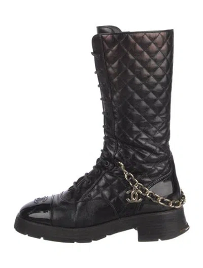Pre-owned Chanel Interlocking Cc Logo Leather Combat Boots In Black