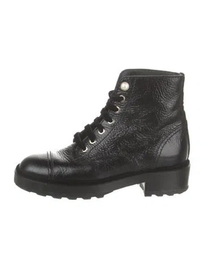 Pre-owned Chanel Interlocking Cc Logo Leather Combat Boots In Black