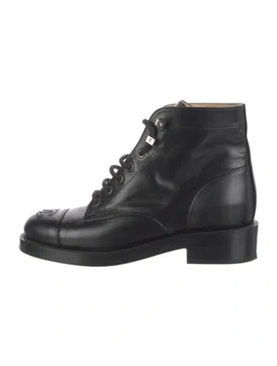 Pre-owned Chanel Interlocking Cc Logo Leather Combat Boots In Black