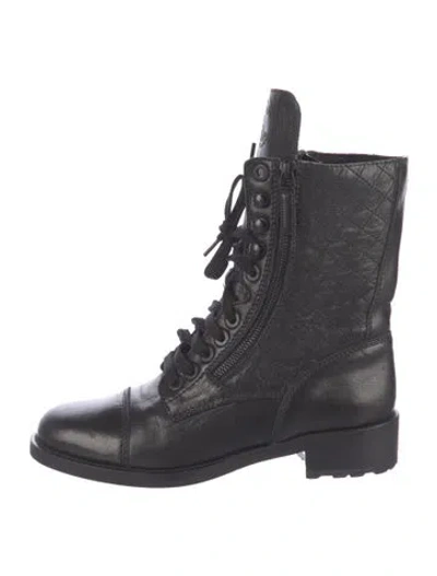 Pre-owned Chanel Interlocking Cc Logo Leather Combat Boots In Black