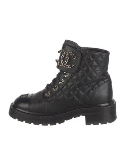 Pre-owned Chanel Interlocking Cc Logo Leather Combat Boots In Black
