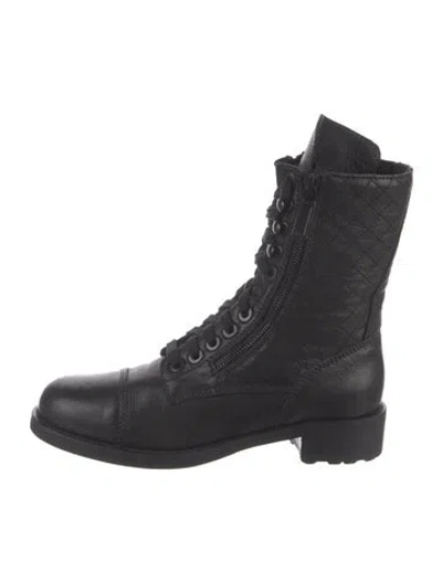Pre-owned Chanel Interlocking Cc Logo Leather Combat Boots In Black