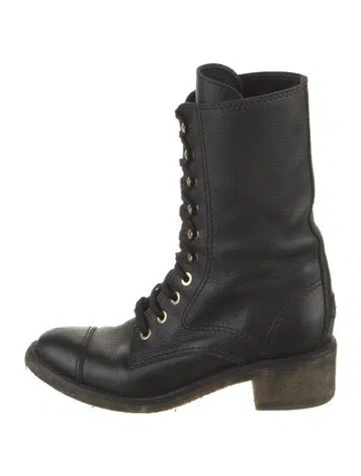 Pre-owned Chanel Interlocking Cc Logo Leather Combat Boots In Black