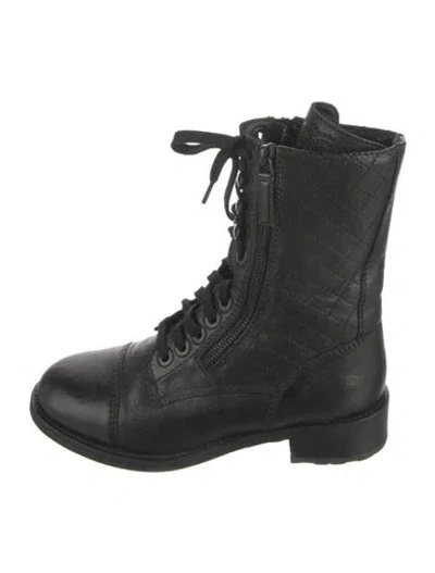 Pre-owned Chanel Interlocking Cc Logo Leather Combat Boots In Black